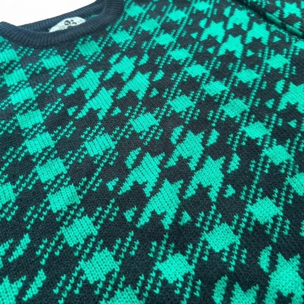 Vintage 90s Y2K Retro Hudsons Bay Green Black Houndstooth Knit Pullover Sweater - Picture 3 of 5